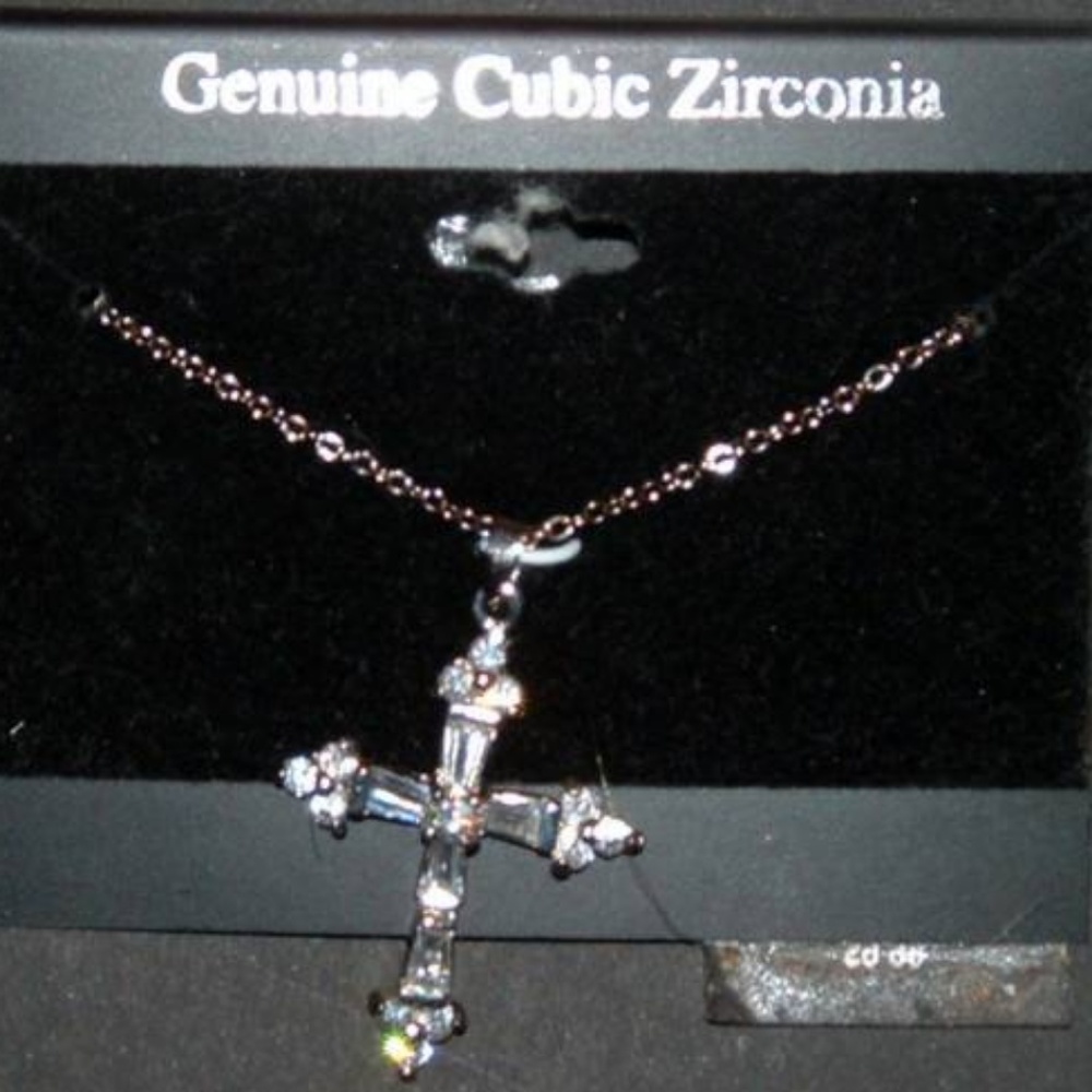 Silvertone Cubic Zirconia pendant cross on card